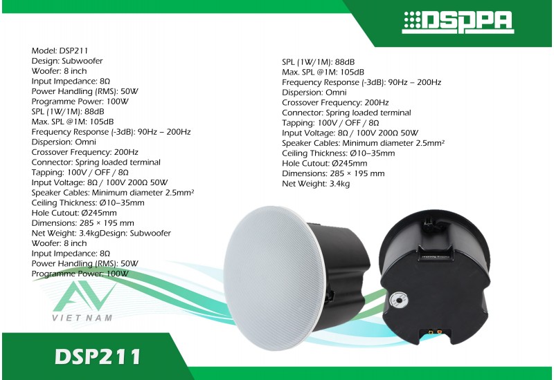 DSPPA DSP211 - Loa siêu trầm âm trần 8 inch 50W