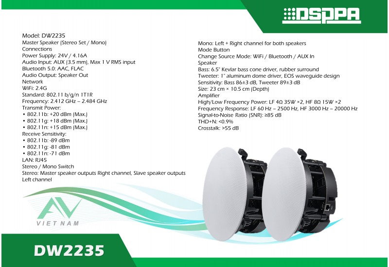DSPPA DW2235 - Loa âm trần WiFi & Bluetooth 2x35W