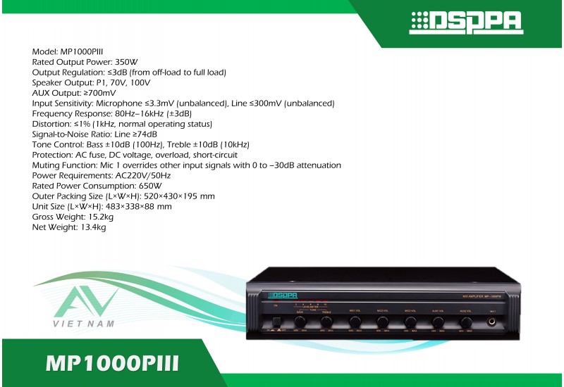 DSPPA MP1000PIII - Bộ khuếch đại 350W 3 Mic & 2 AUX