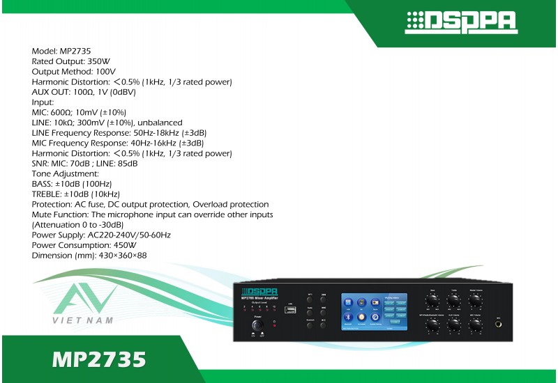DSPPA MP2735 - Amply Mixer 6 vùng có Bộ hẹn giờ & USB & Bộ dò sóng & Bluetooth 350W